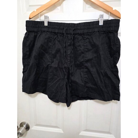 Daily/Ritual Black Linen/Blend Elastic Waist Shorts With Pockets & Drawstring Si - Picture 2 of 8